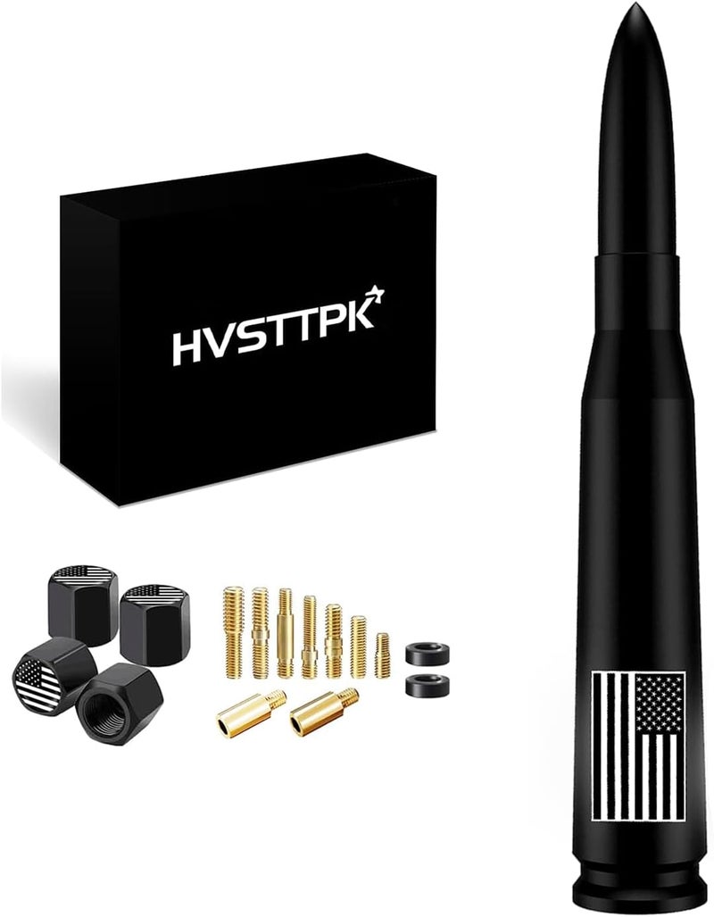 HVSTTPK هوائي شاحنة على شكل رصاصة مع أغطية صمامات، تصميم علم أمريكا، عمود لشاحنات GM شيفروليه سيلفرادو 1500 2500 3500 فورد F150 F250 F350 دينالي ملحقات شاحنة (أسود) - آمن لغسل السيارات - Image 1